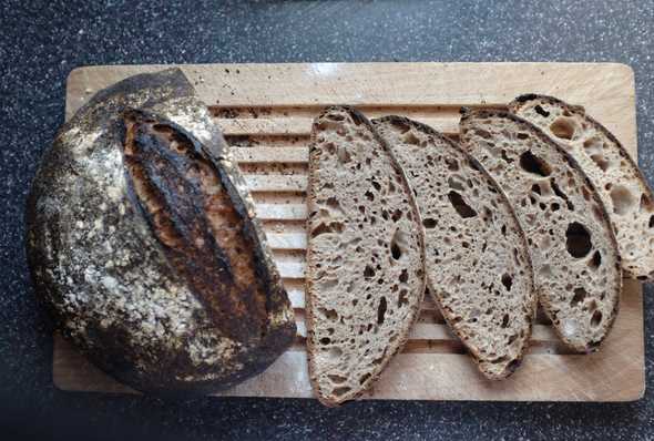 The crumb of the “Wholemeal Sourdough with a Splash of Rye” bread