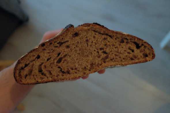The crumb of the seeded wholemeal sourdough bread